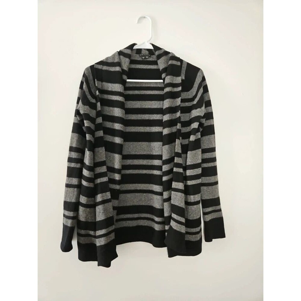 Theory 100% Cashmere Cardigan Black Grey Stripe Small